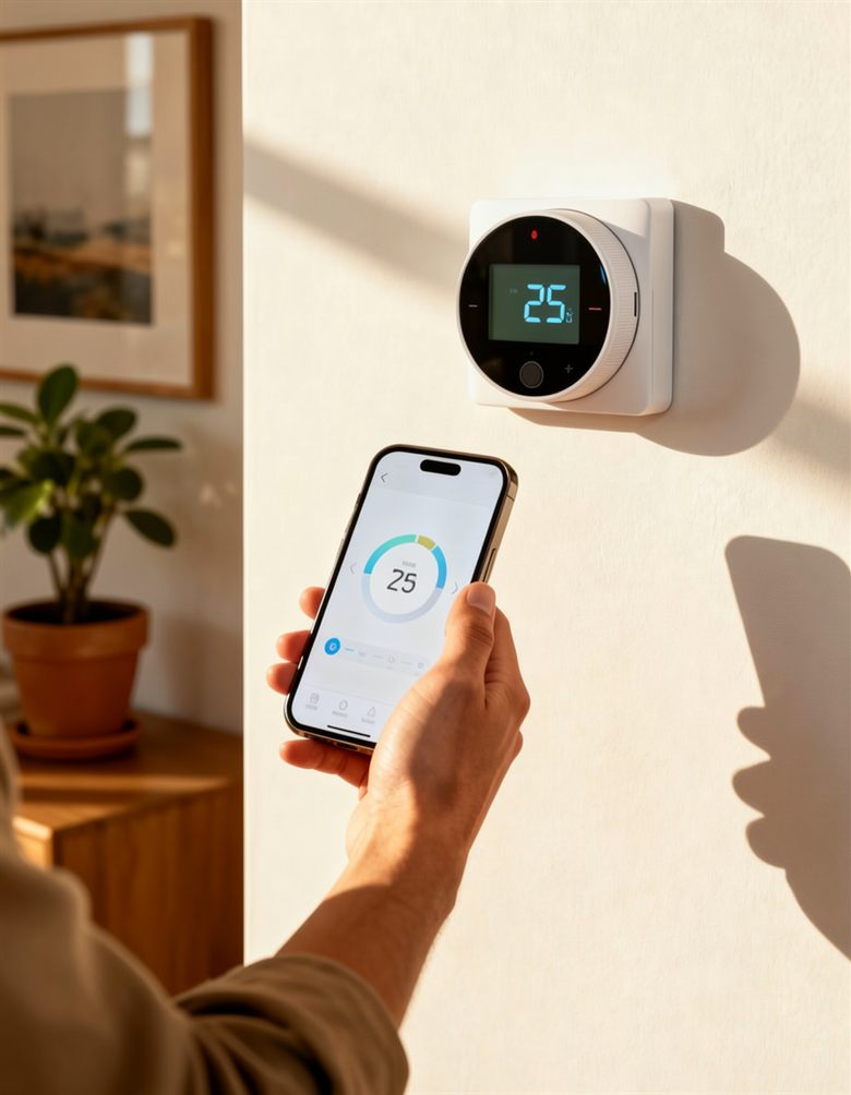 Smart thermostat set to 25 degrees, controlled from a phone app